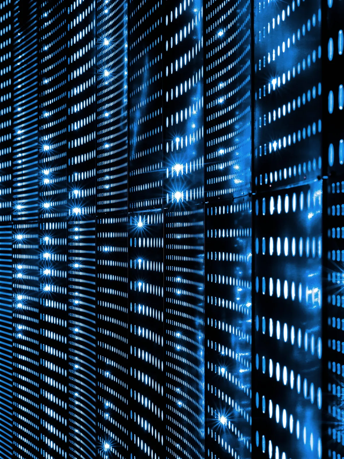 Server rack with rows of blue status lights